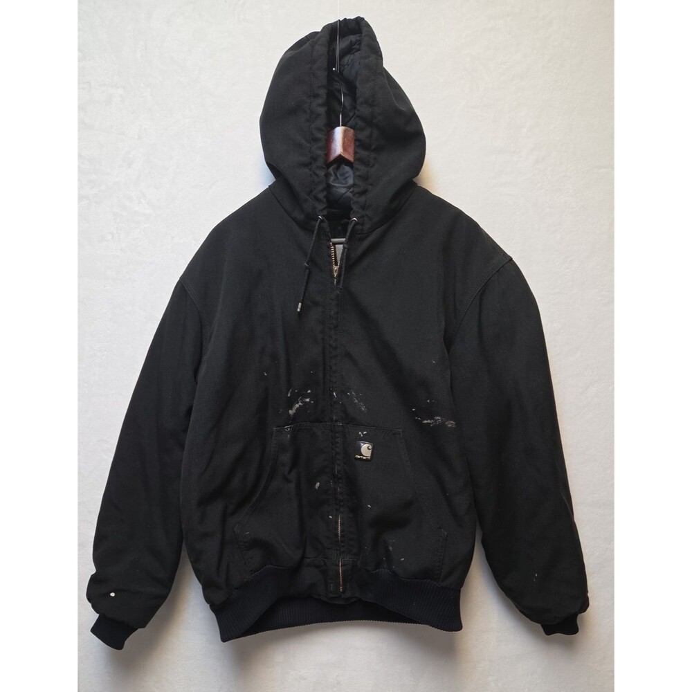 Carhartt Jacket Mens LT Black Hooded Canvas Insulated Work USA Bomber BLK - FLAW